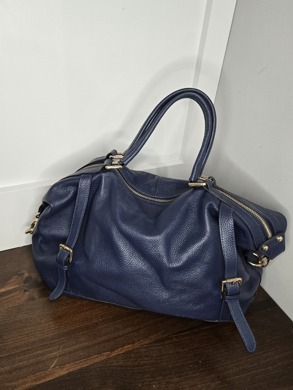 Navy Leather Structured Satchel Handbag